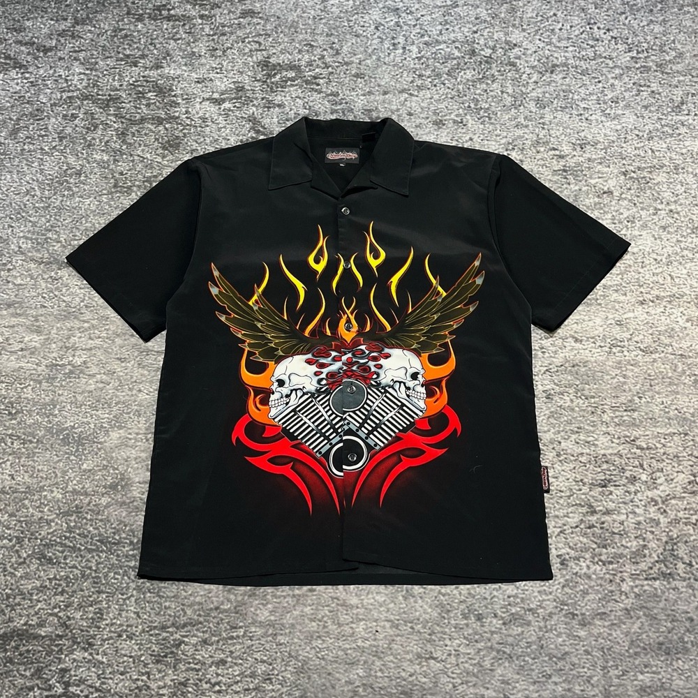 Vintage Y2K Sapphire Lounge Button Up Shirt Mens‎ XL Black Grunge Skull Flames